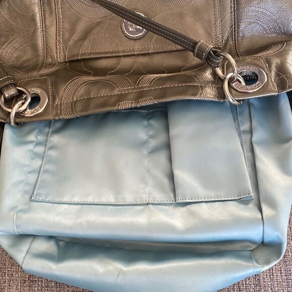 Coach Women’s Patent Leather Gray Stitched Monogram Top Zip Shoulder Handbag - Picture 15 of 16